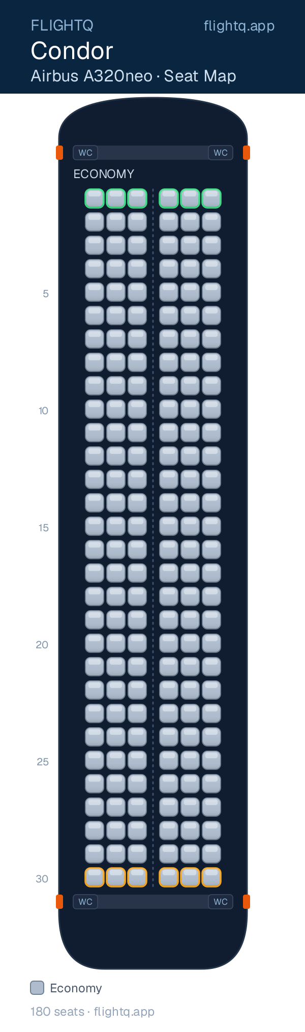 Condor Airbus A320neo seat map with 180 seats — best seats and rows to avoid