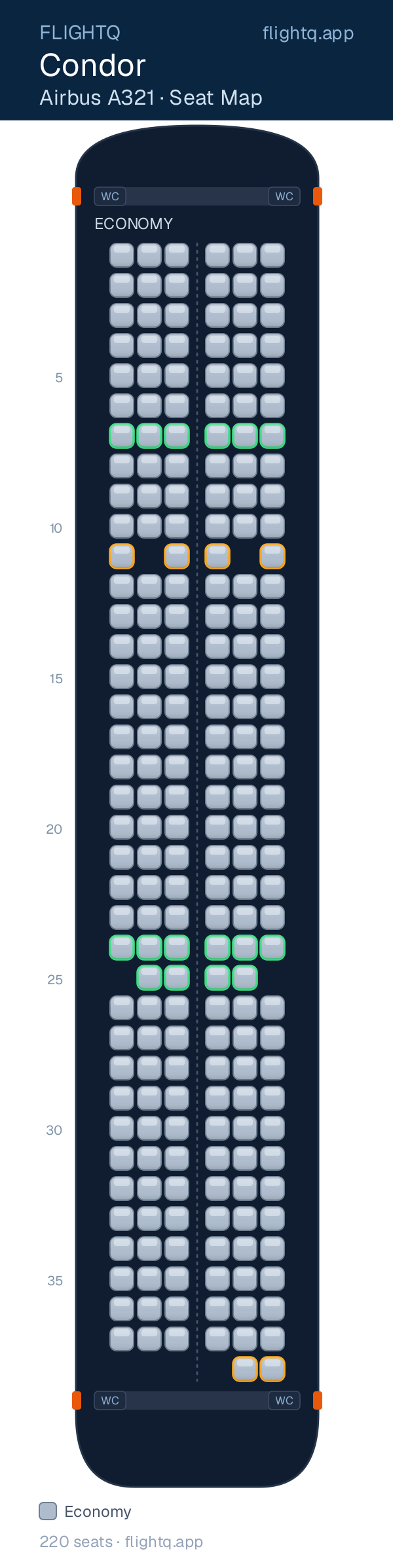 Condor Airbus A321 seat map with 220 seats — best seats and rows to avoid
