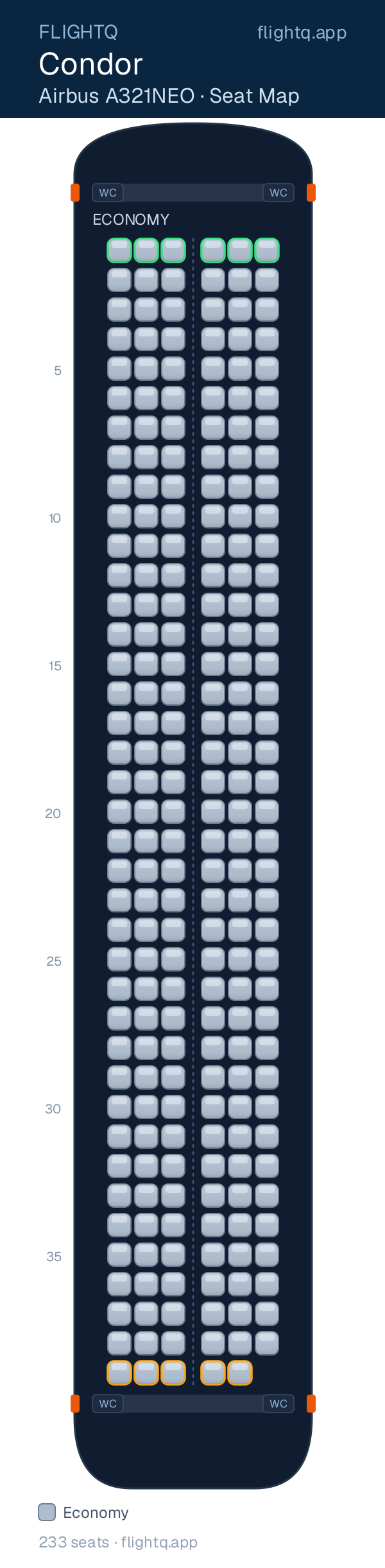 Condor Airbus A321NEO seat map with 233 seats — best seats and rows to avoid