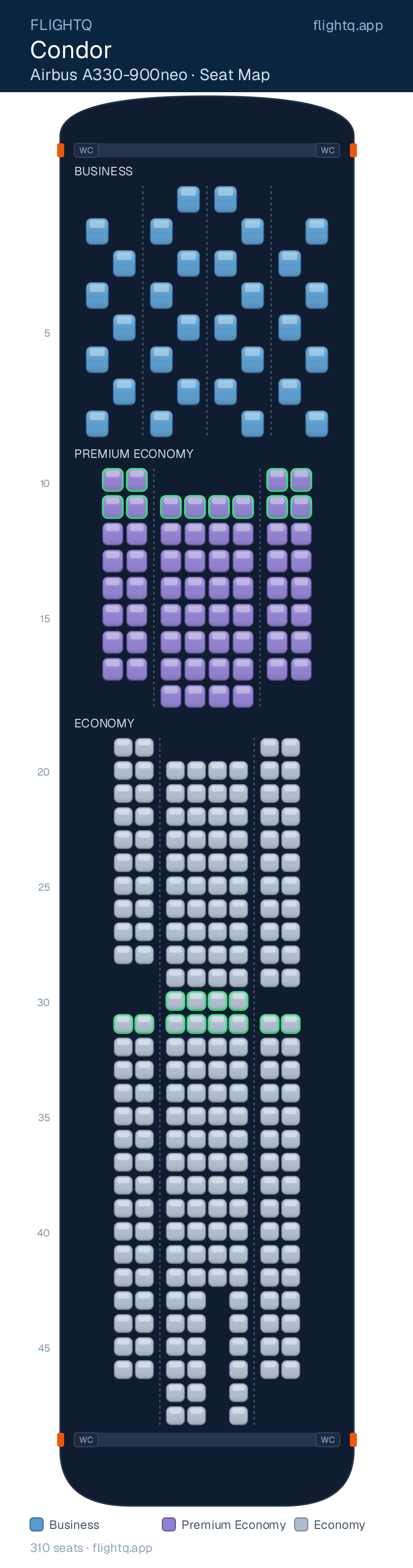 Condor Airbus A330-900neo seat map with 310 seats across 3 cabins — best seats and rows to avoid