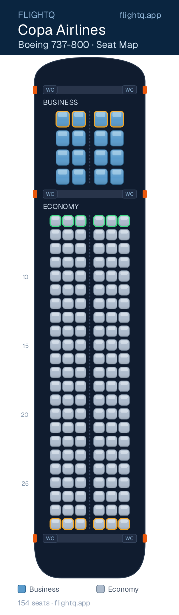 Copa Airlines Boeing 737-800 seat map with 154 seats across 2 cabins — best seats and rows to avoid