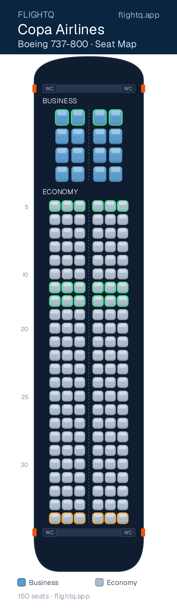 Copa Airlines Boeing 737-800 seat map with 160 seats across 2 cabins — best seats and rows to avoid