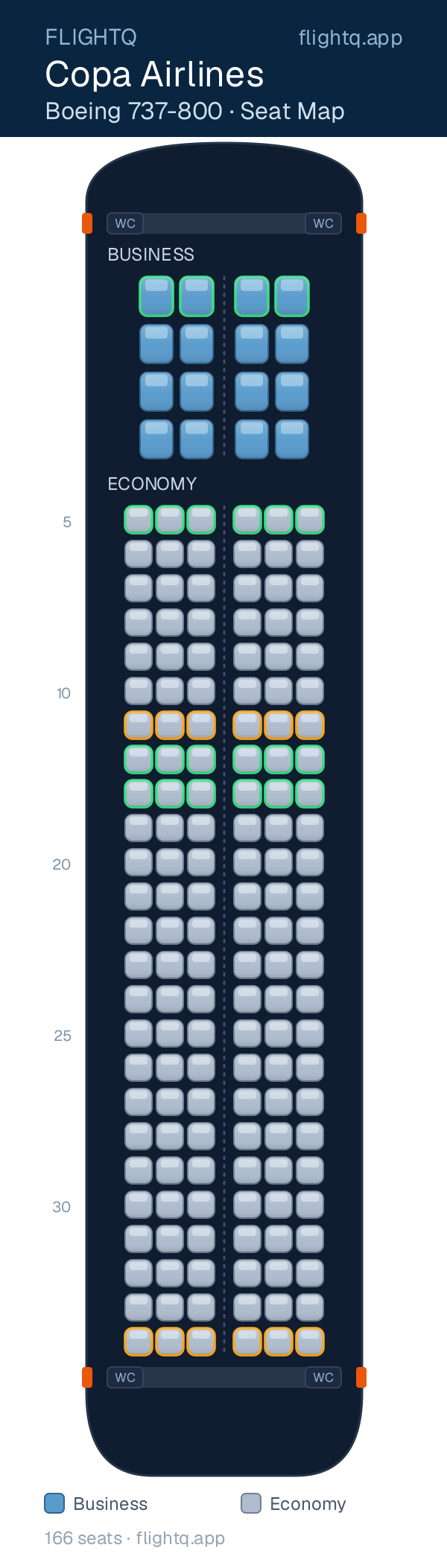 Copa Airlines Boeing 737-800 seat map with 166 seats across 2 cabins — best seats and rows to avoid