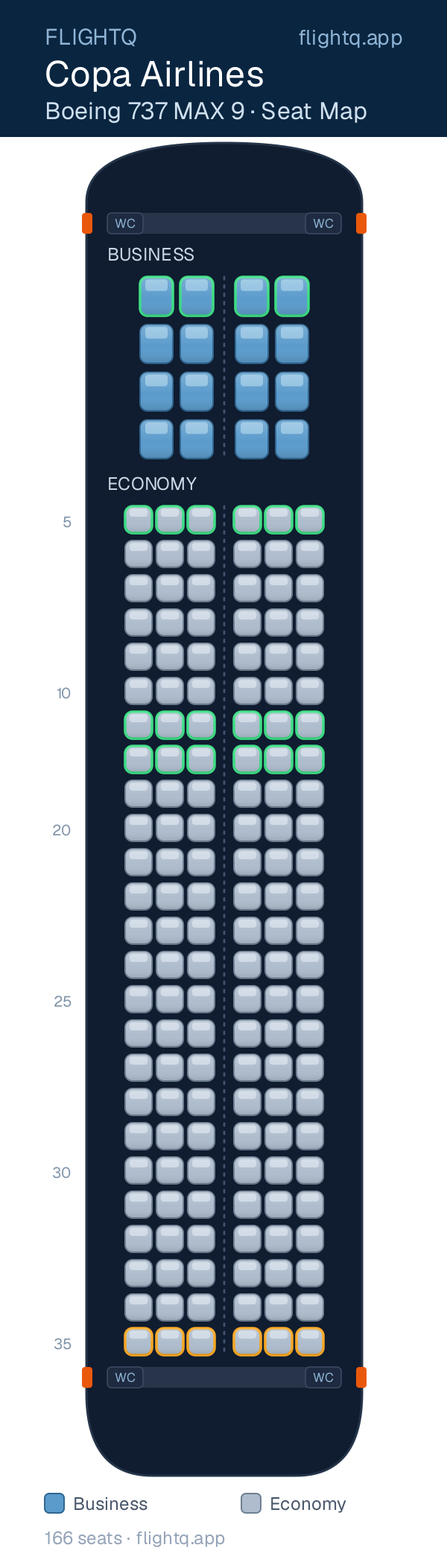 Copa Airlines Boeing 737 MAX 9 seat map with 166 seats across 2 cabins — best seats and rows to avoid