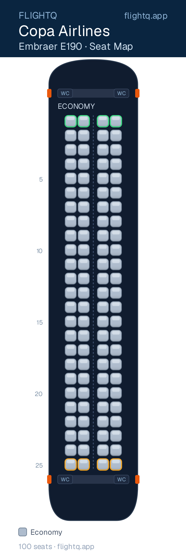 Copa Airlines Embraer E190 seat map with 100 seats — best seats and rows to avoid