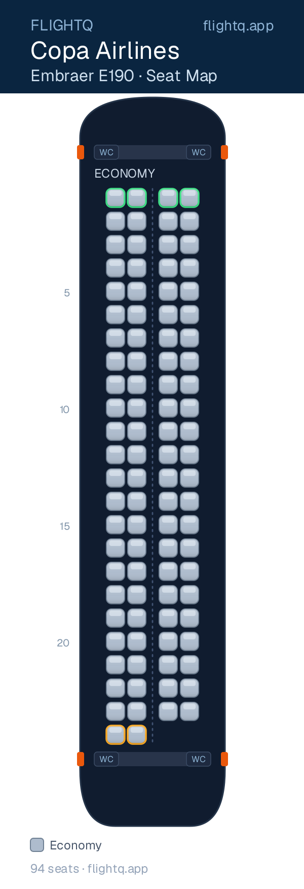 Copa Airlines Embraer E190 seat map with 94 seats — best seats and rows to avoid