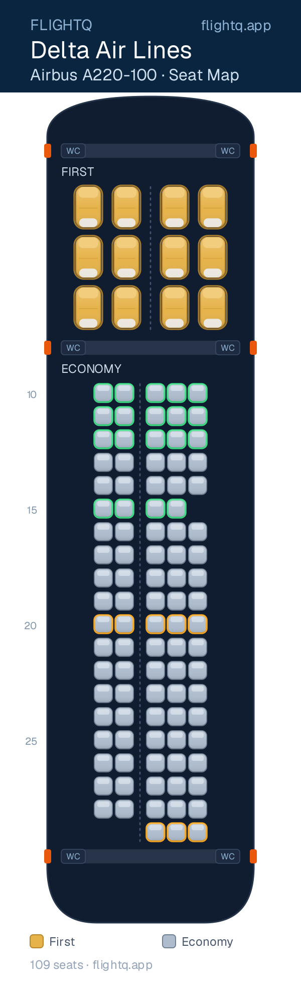 Delta Air Lines Airbus A220-100 seat map with 109 seats across 2 cabins — best seats and rows to avoid