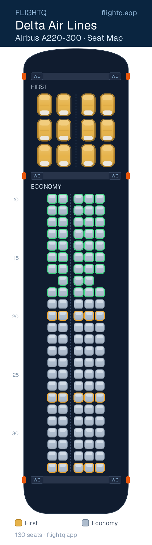 Delta Air Lines Airbus A220-300 seat map with 130 seats across 2 cabins — best seats and rows to avoid