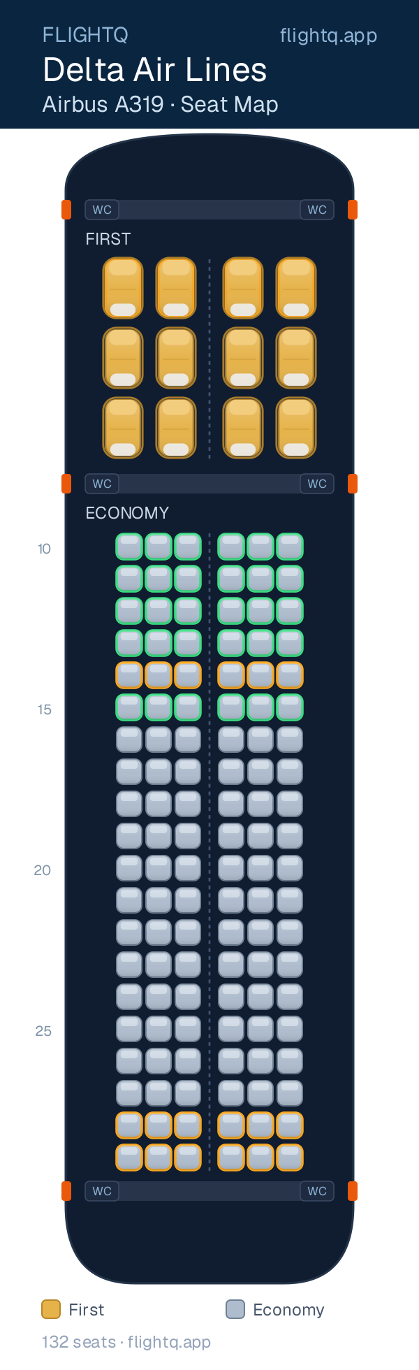 Delta Air Lines Airbus A319 seat map with 132 seats across 2 cabins — best seats and rows to avoid