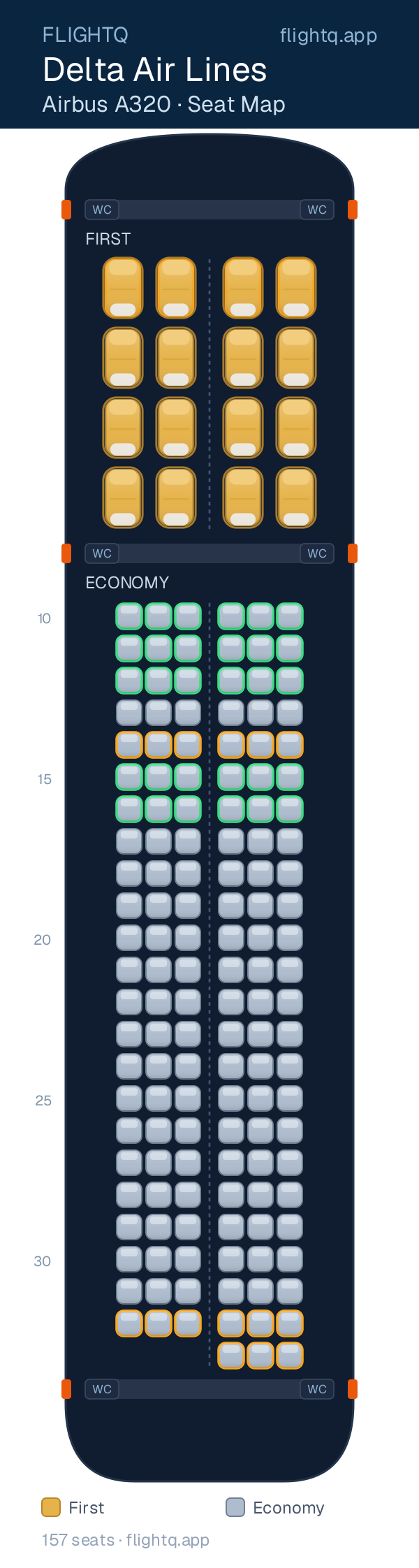 Delta Air Lines Airbus A320 seat map with 157 seats across 2 cabins — best seats and rows to avoid