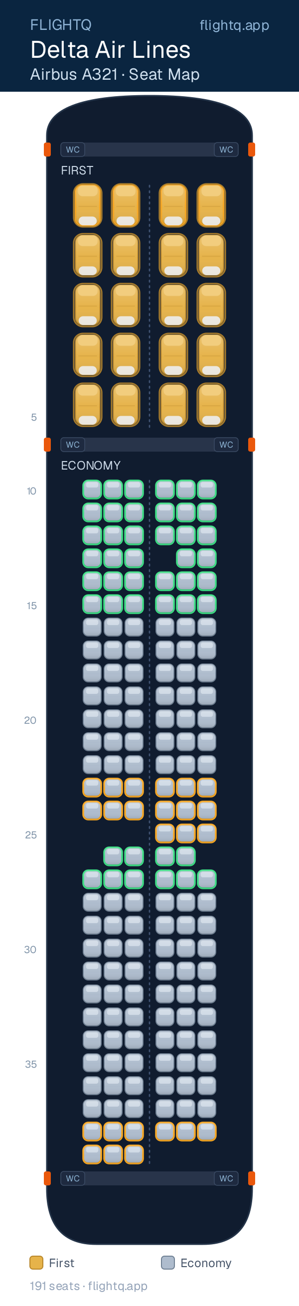 Delta Air Lines Airbus A321 seat map with 191 seats across 2 cabins — best seats and rows to avoid