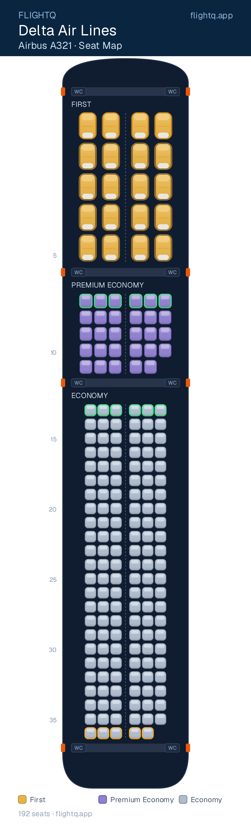 Delta Air Lines Airbus A321 seat map with 192 seats across 3 cabins — best seats and rows to avoid