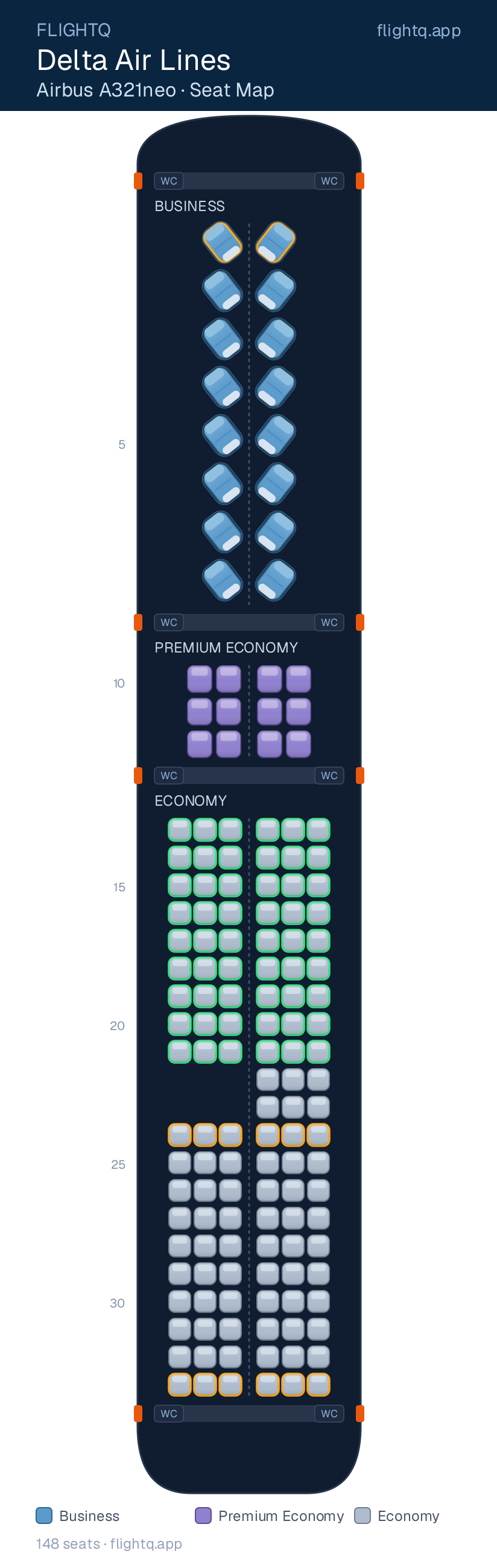 Delta Air Lines Airbus A321neo seat map with 148 seats across 3 cabins — best seats and rows to avoid