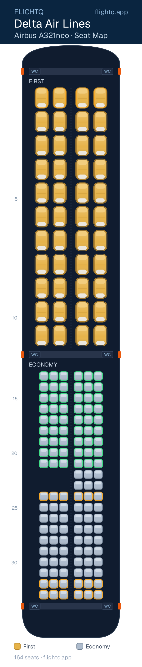 Delta Air Lines Airbus A321neo seat map with 164 seats across 2 cabins — best seats and rows to avoid