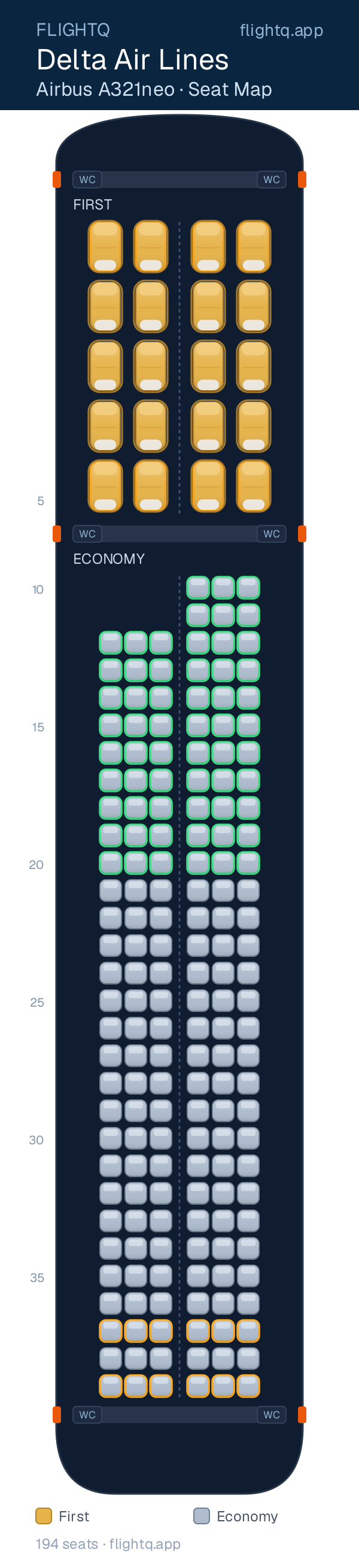 Delta Air Lines Airbus A321neo seat map with 194 seats across 2 cabins — best seats and rows to avoid