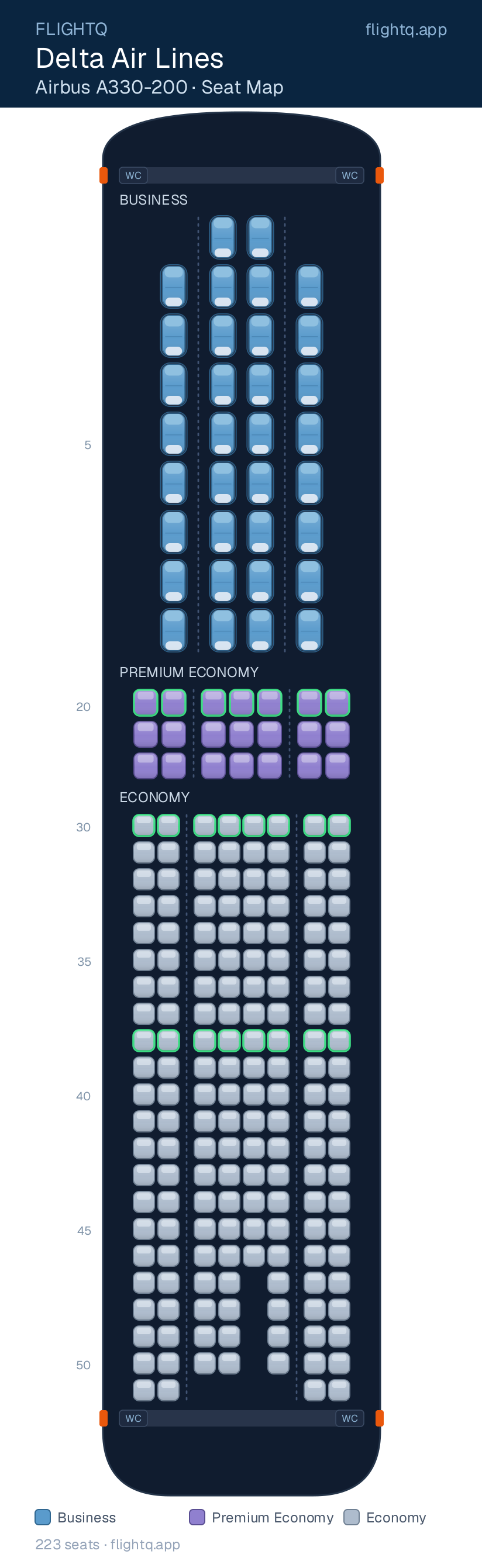 Delta Air Lines Airbus A330-200 seat map with 223 seats across 3 cabins — best seats and rows to avoid