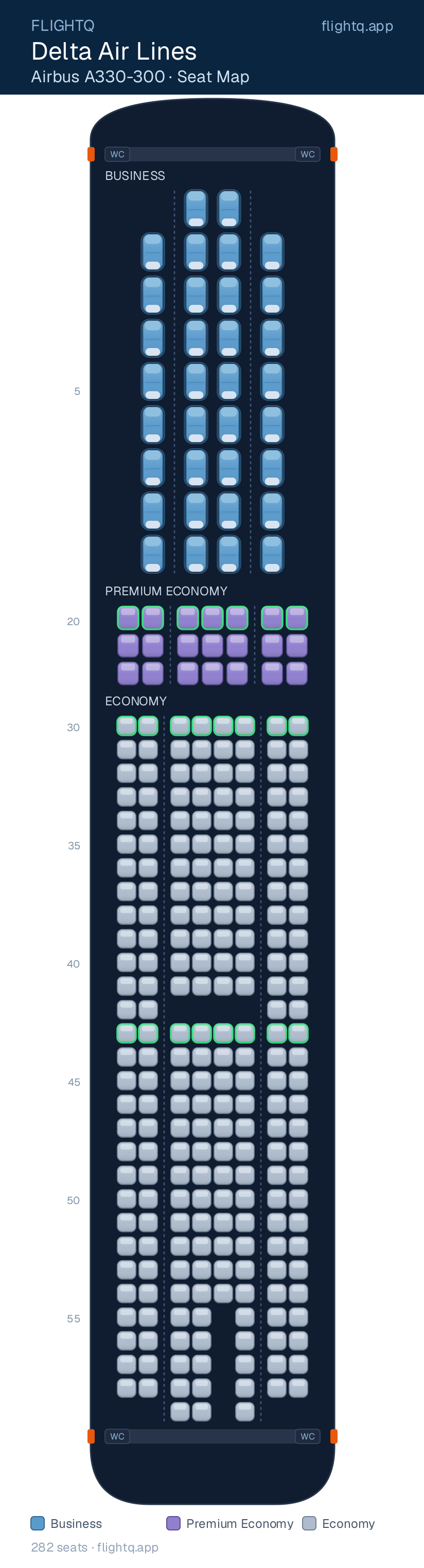 Delta Air Lines Airbus A330-300 seat map with 282 seats across 3 cabins — best seats and rows to avoid