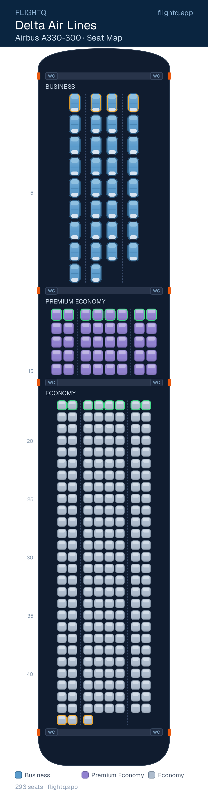 Delta Air Lines Airbus A330-300 seat map with 293 seats across 3 cabins — best seats and rows to avoid