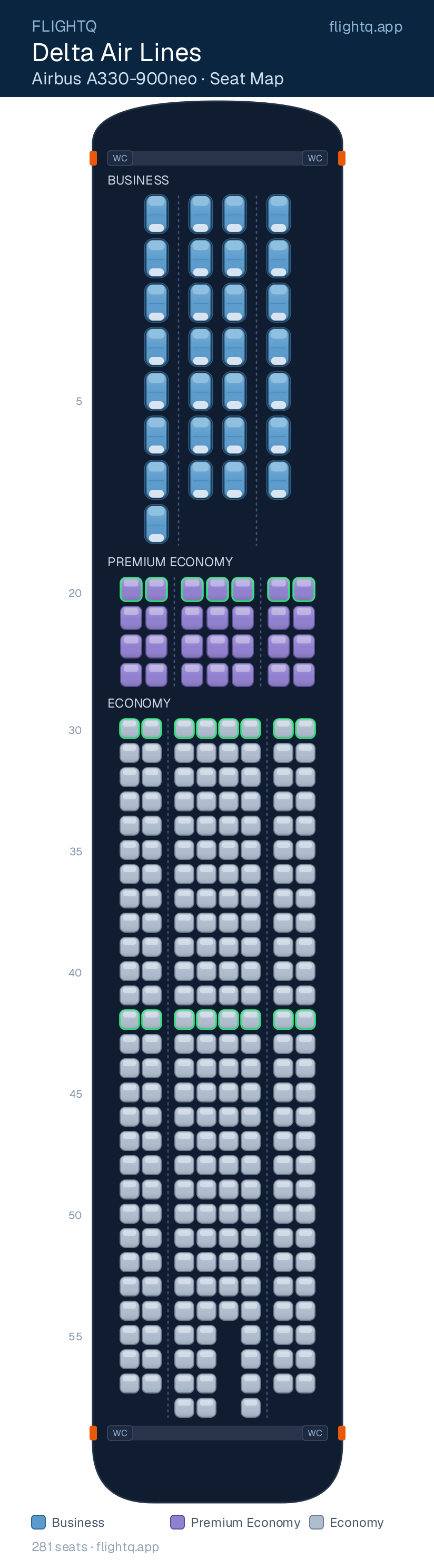 Delta Air Lines Airbus A330-900neo seat map with 281 seats across 3 cabins — best seats and rows to avoid