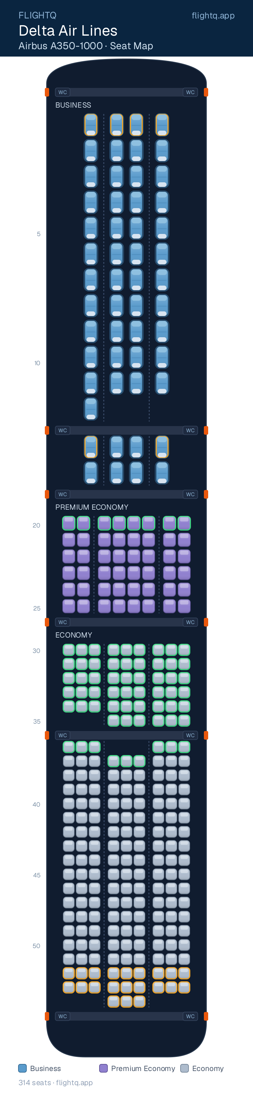Delta Air Lines Airbus A350-1000 seat map with 314 seats across 3 cabins — best seats and rows to avoid
