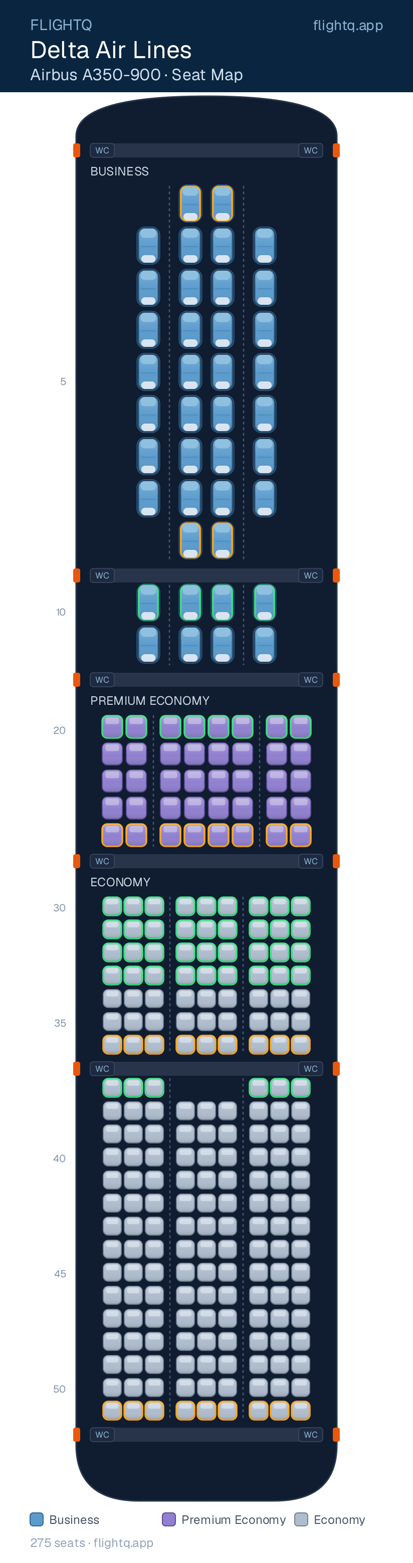Delta Air Lines Airbus A350-900 seat map with 275 seats across 3 cabins — best seats and rows to avoid
