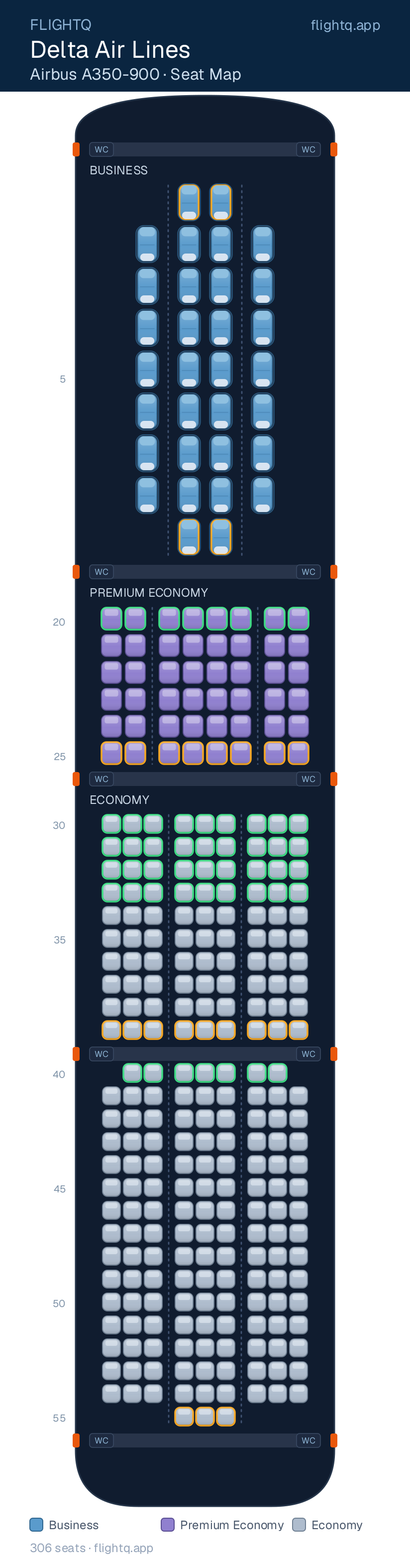 Delta Air Lines Airbus A350-900 seat map with 306 seats across 3 cabins — best seats and rows to avoid