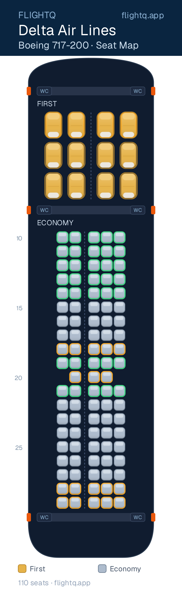 Delta Air Lines Boeing 717-200 seat map with 110 seats across 2 cabins — best seats and rows to avoid