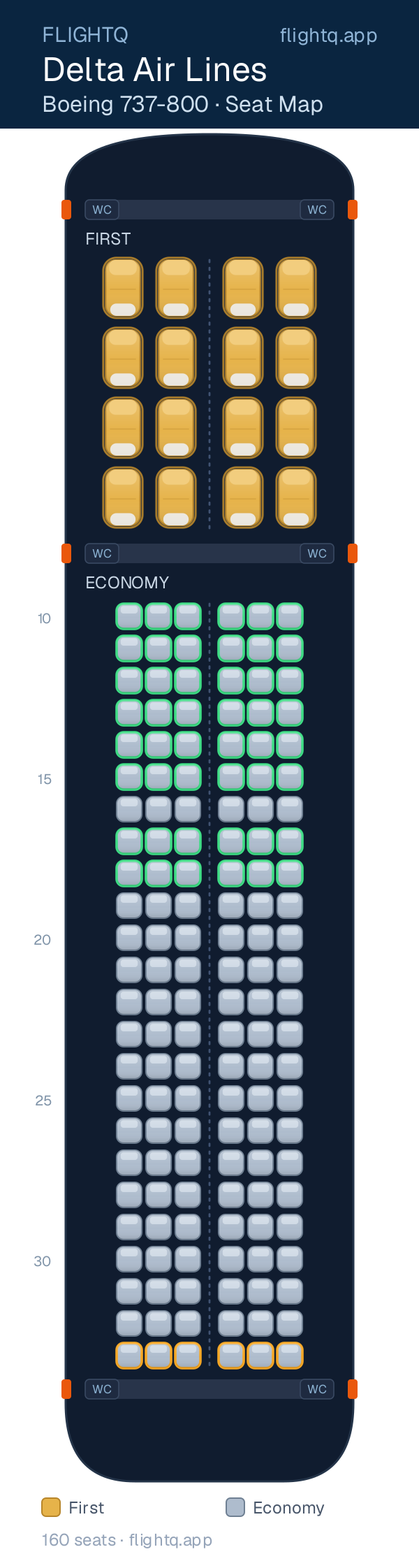 Delta Air Lines Boeing 737-800 seat map with 160 seats across 2 cabins — best seats and rows to avoid