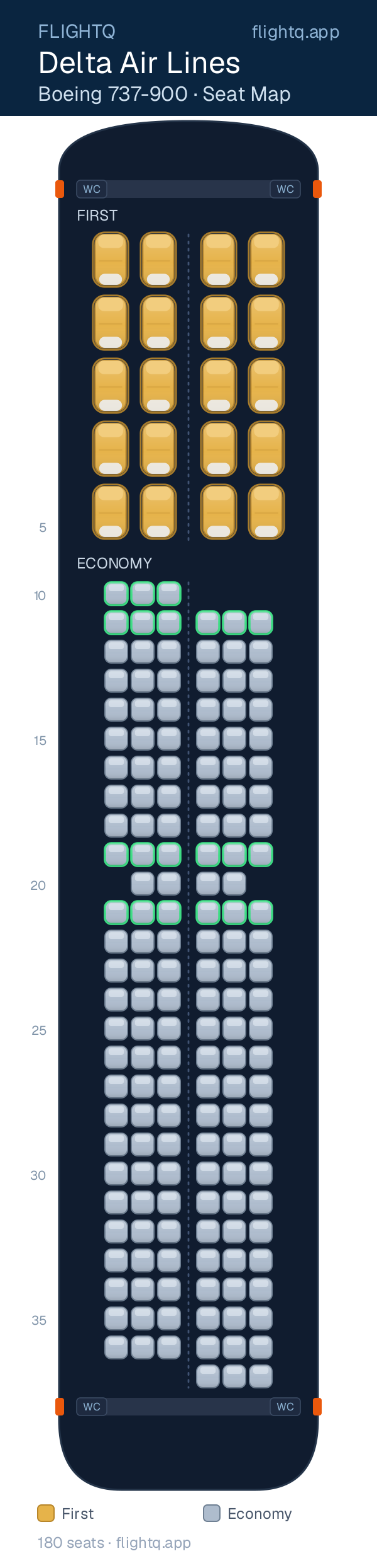 Delta Air Lines Boeing 737-900 seat map with 180 seats across 2 cabins — best seats and rows to avoid