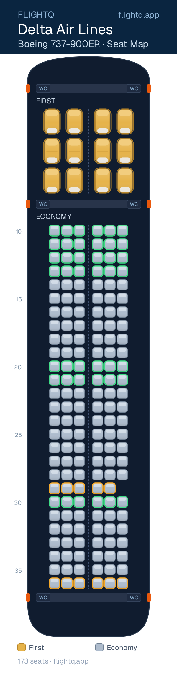 Delta Air Lines Boeing 737-900ER seat map with 173 seats across 2 cabins — best seats and rows to avoid