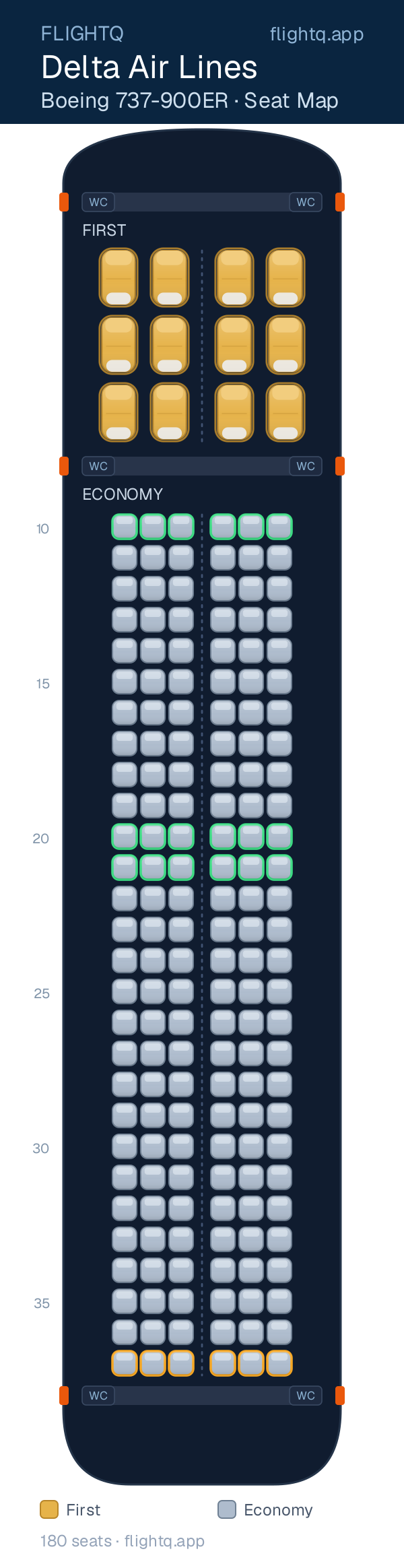 Delta Air Lines Boeing 737-900ER seat map with 180 seats across 2 cabins — best seats and rows to avoid