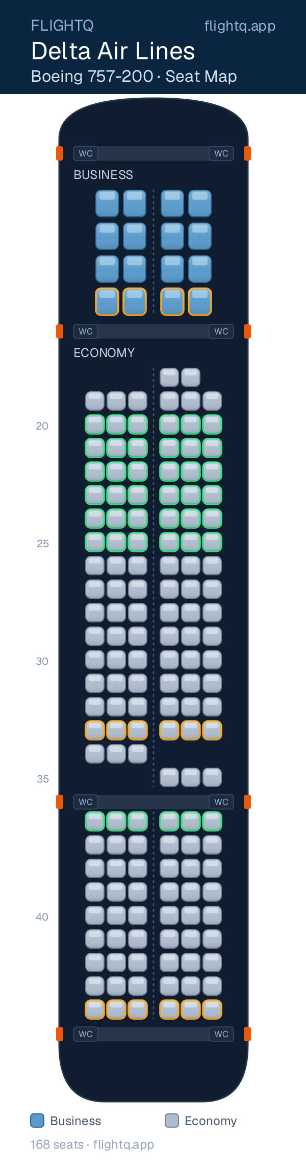 Delta Air Lines Boeing 757-200 seat map with 168 seats across 2 cabins — best seats and rows to avoid