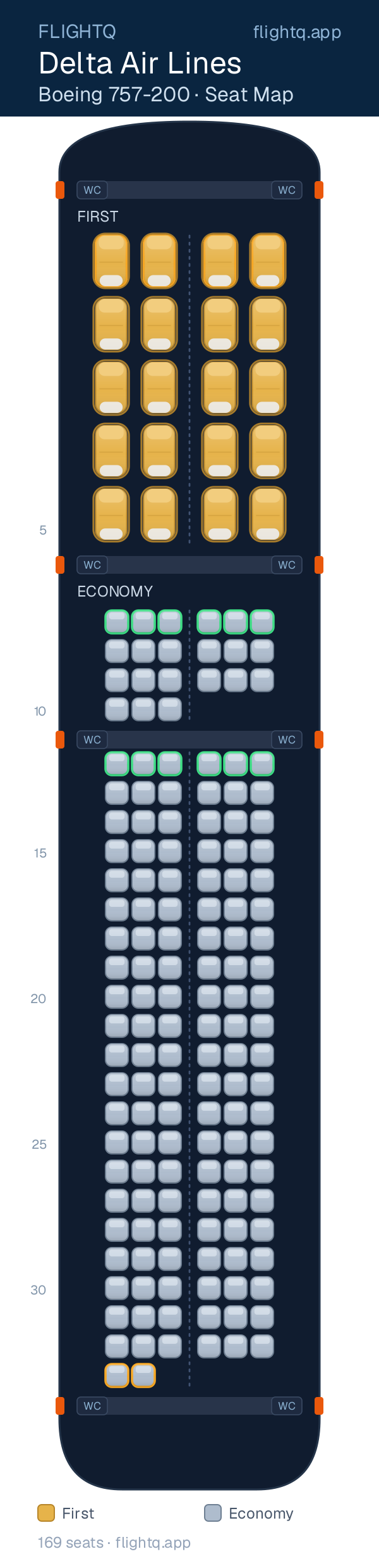 Delta Air Lines Boeing 757-200 seat map with 169 seats across 2 cabins — best seats and rows to avoid