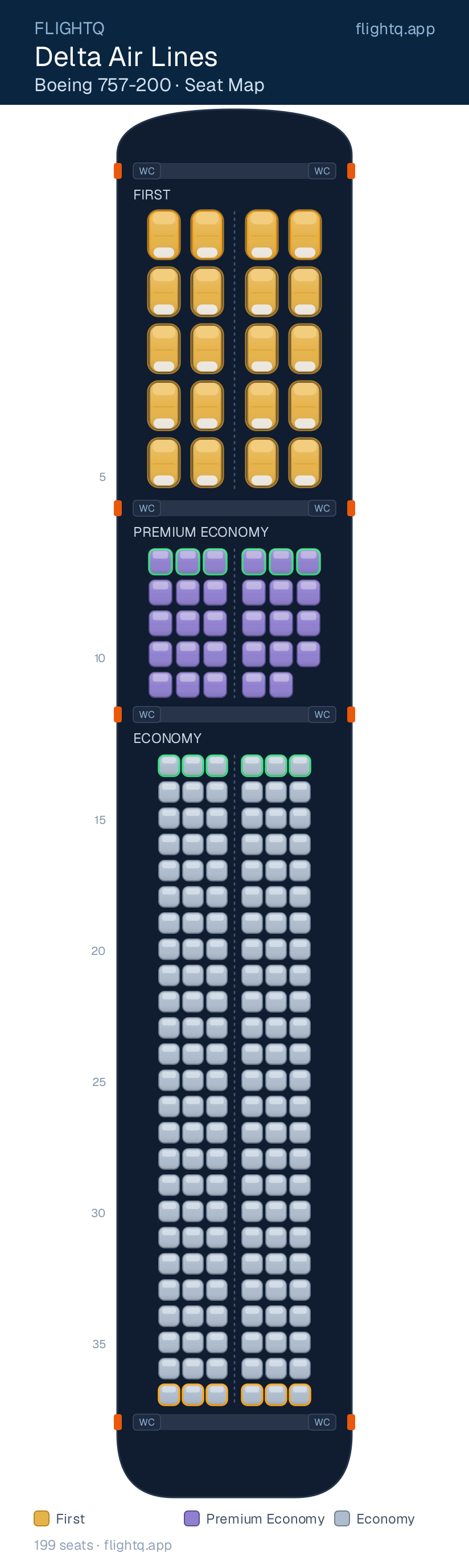 Delta Air Lines Boeing 757-200 seat map with 199 seats across 3 cabins — best seats and rows to avoid