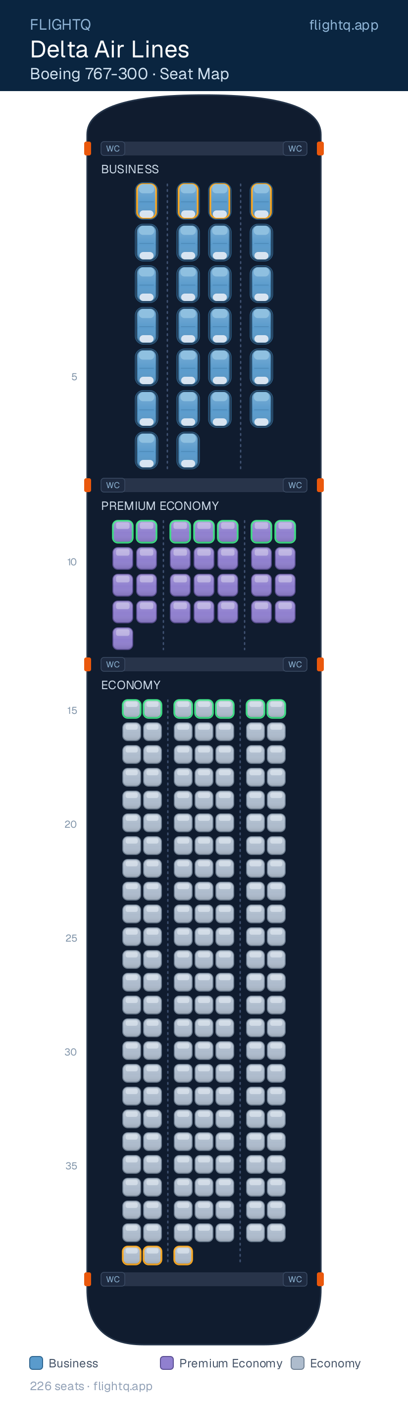 Delta Air Lines Boeing 767-300ER seat map with 226 seats across 3 cabins — best seats and rows to avoid