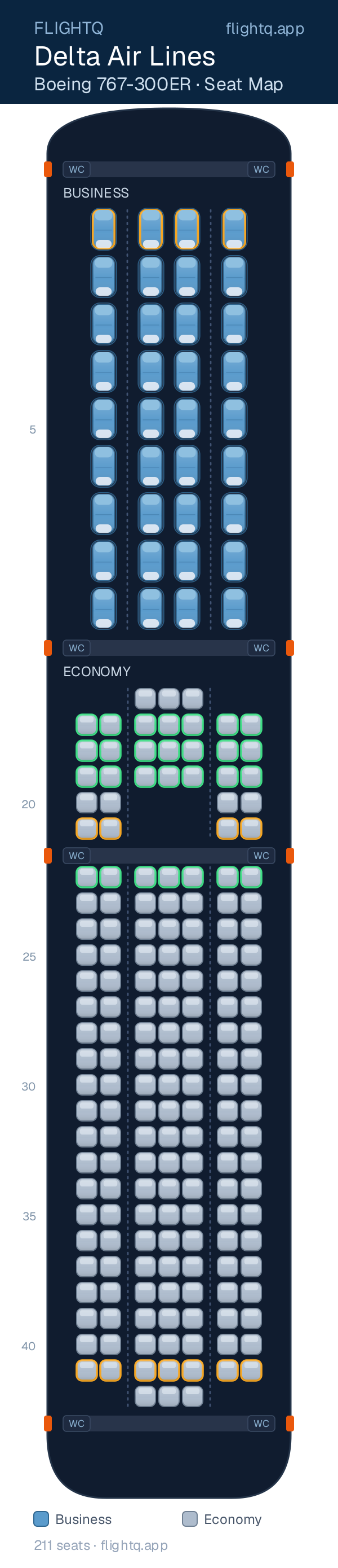 Delta Air Lines Boeing 767-300ER seat map with 211 seats across 2 cabins — best seats and rows to avoid