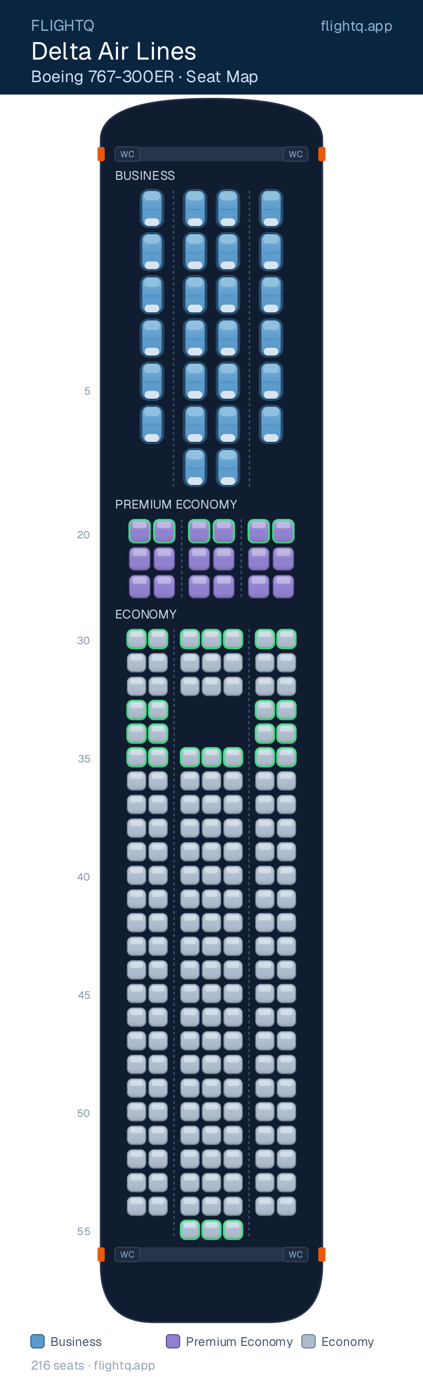 Delta Air Lines Boeing 767-300ER seat map with 216 seats across 3 cabins — best seats and rows to avoid