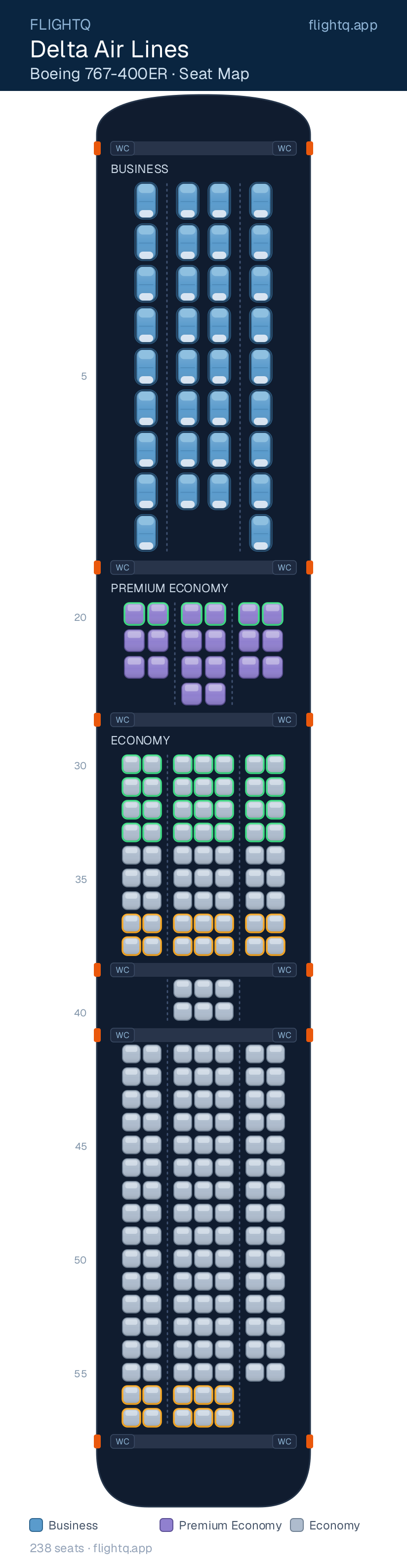 Delta Air Lines Boeing 767-400ER seat map with 238 seats across 3 cabins — best seats and rows to avoid