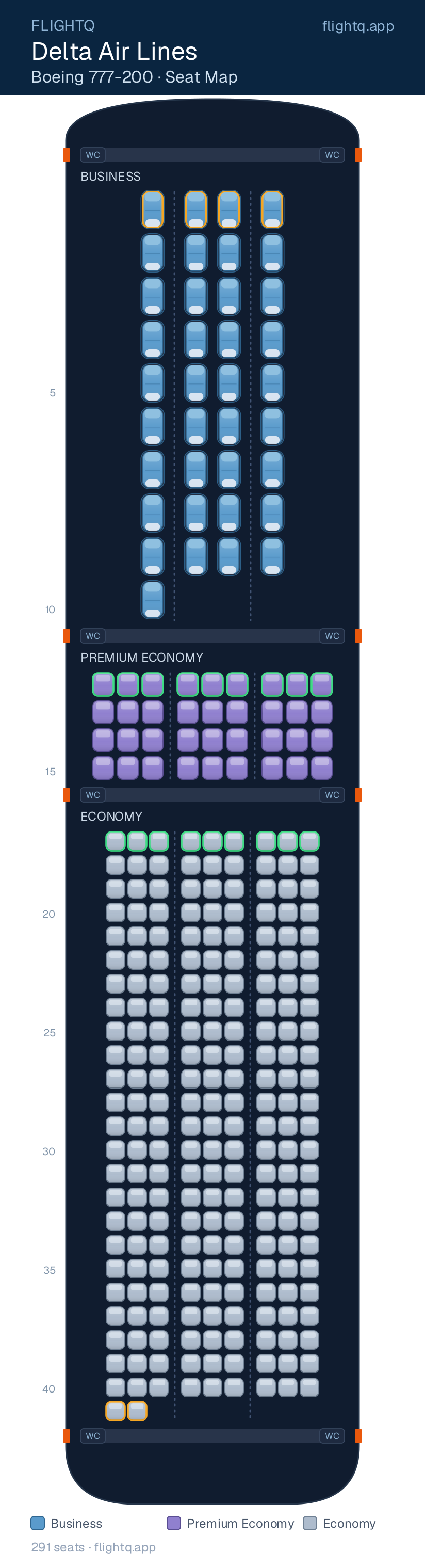 Delta Air Lines Boeing 777-200 seat map with 291 seats across 3 cabins — best seats and rows to avoid