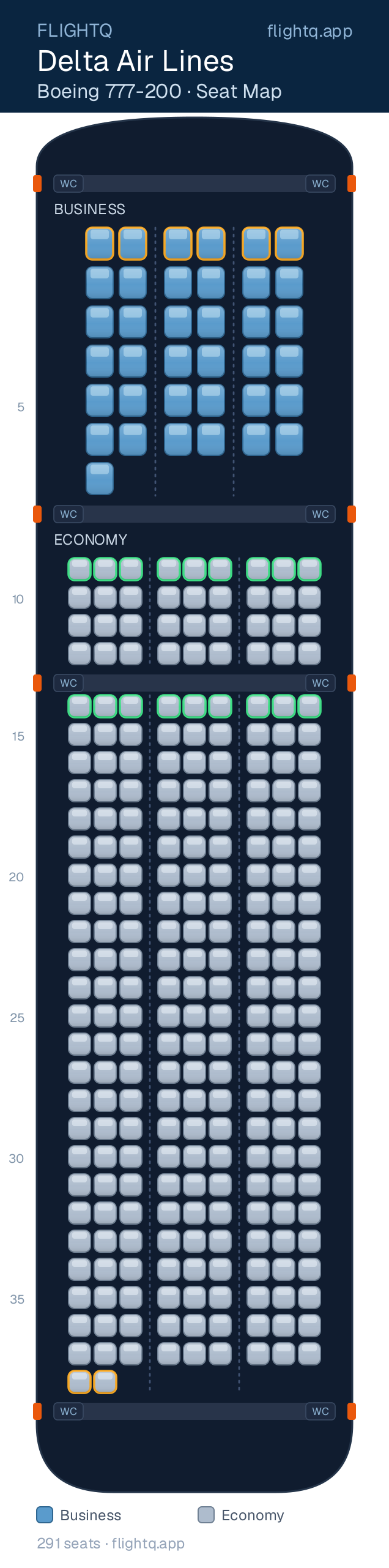 Delta Air Lines Boeing 777-200 seat map with 291 seats across 2 cabins — best seats and rows to avoid