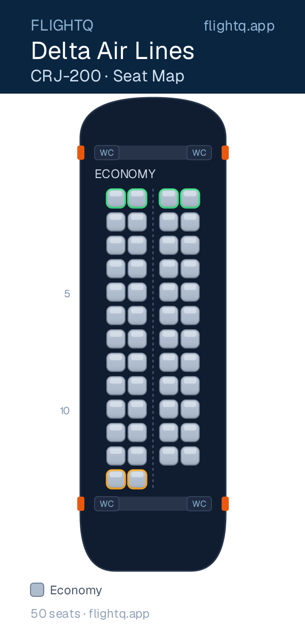 Delta Air Lines Bombardier CRJ200 seat map with 50 seats — best seats and rows to avoid