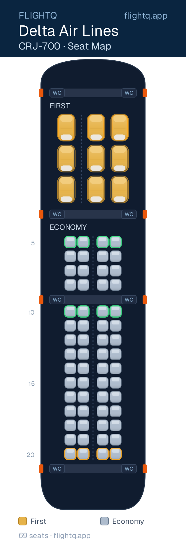 Delta Air Lines Bombardier CRJ700 seat map with 69 seats across 2 cabins — best seats and rows to avoid