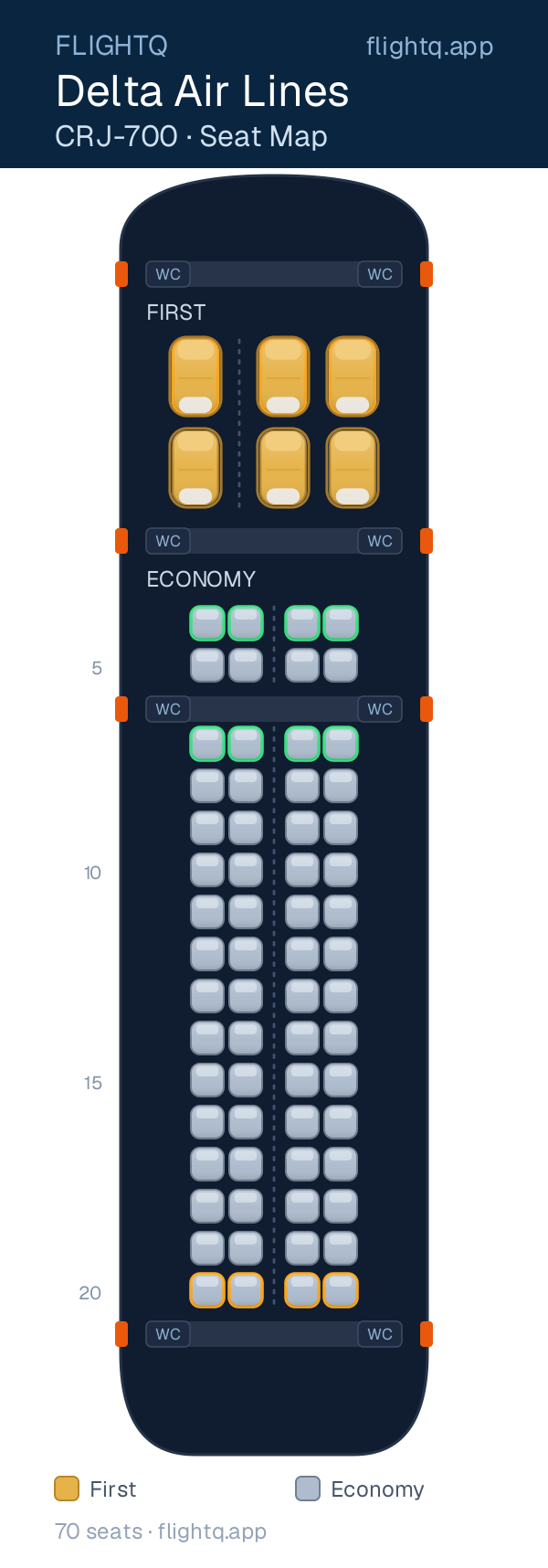 Delta Air Lines Bombardier CRJ700 seat map with 70 seats across 2 cabins — best seats and rows to avoid