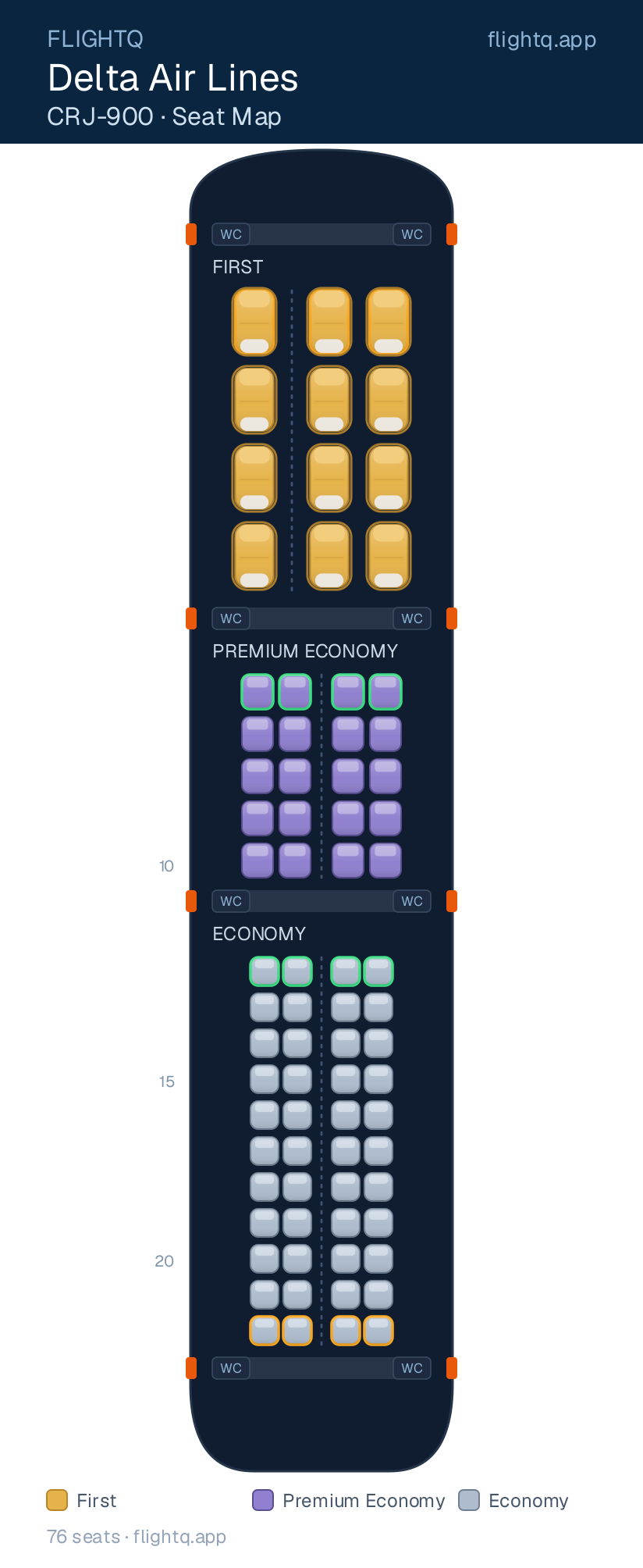 Delta Air Lines Bombardier CRJ900 seat map with 76 seats across 3 cabins — best seats and rows to avoid