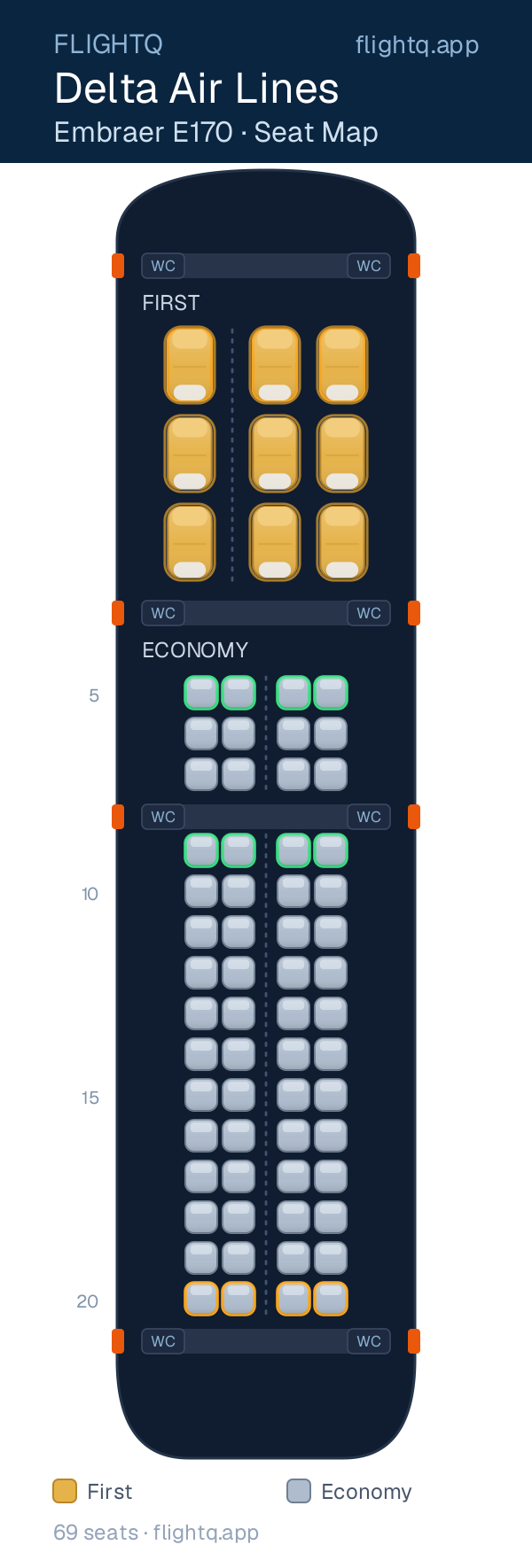 Delta Air Lines Embraer E170 seat map with 69 seats across 2 cabins — best seats and rows to avoid