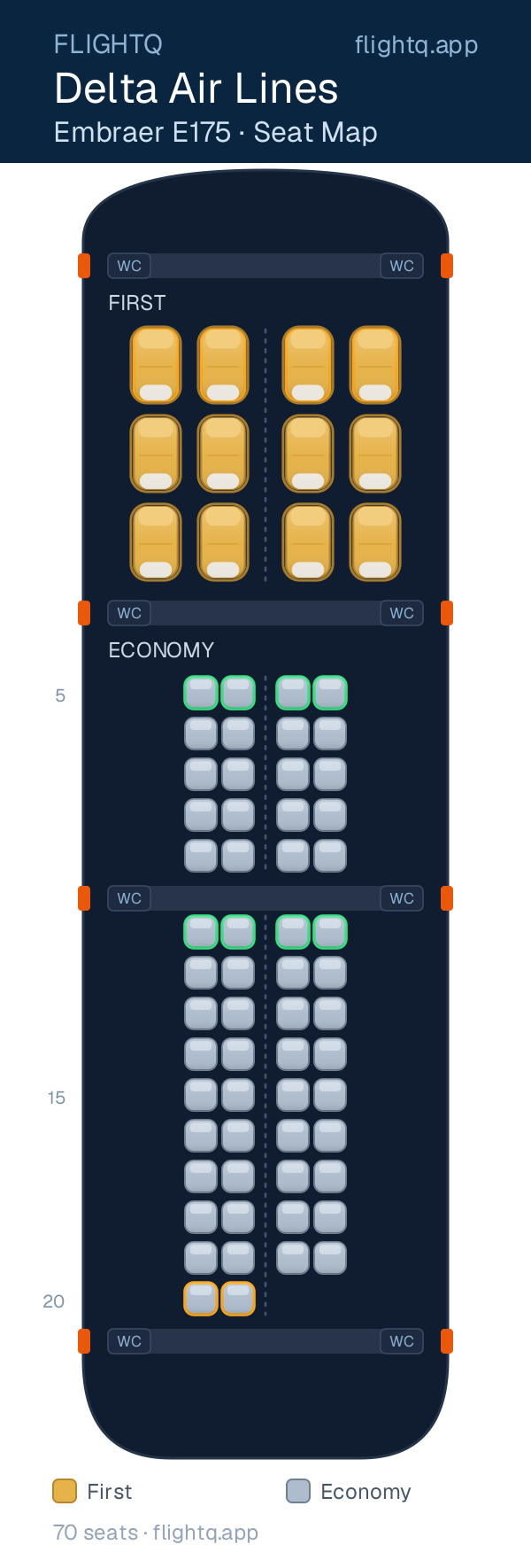Delta Air Lines Embraer E175 seat map with 70 seats across 2 cabins — best seats and rows to avoid