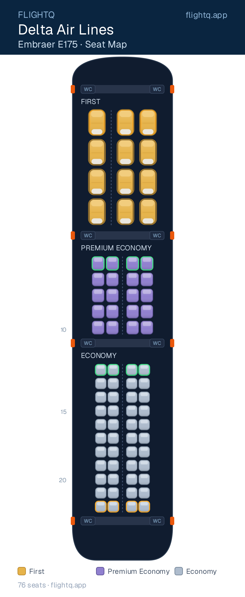 Delta Air Lines Embraer E175 seat map with 76 seats across 3 cabins — best seats and rows to avoid
