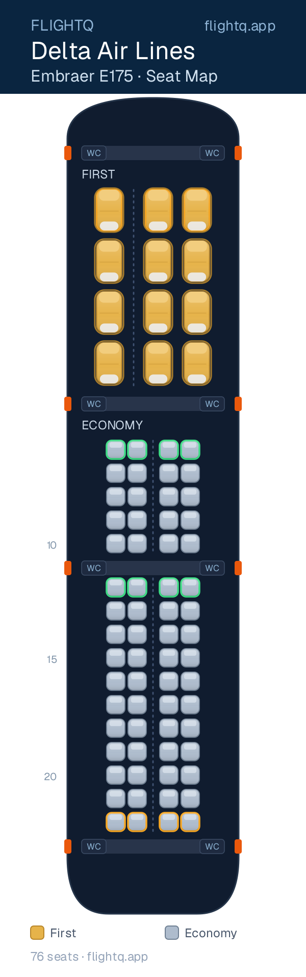 Delta Air Lines Embraer E175 seat map with 76 seats across 2 cabins — best seats and rows to avoid