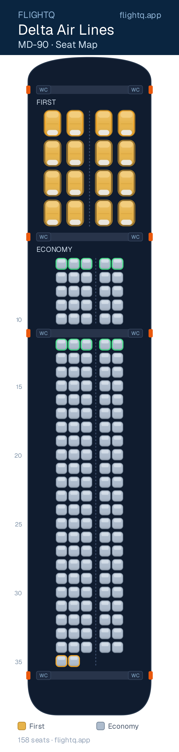 Delta Air Lines McDonnell Douglas MD-90 seat map with 158 seats across 2 cabins — best seats and rows to avoid