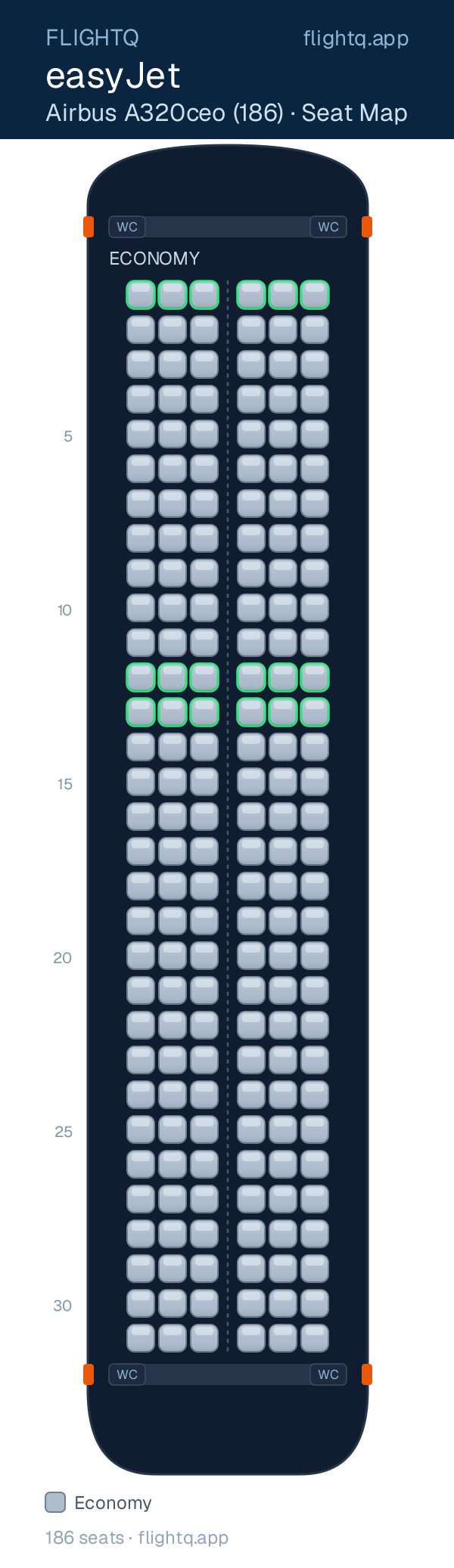 easyJet Airbus A320 seat map with 186 seats — best seats and rows to avoid